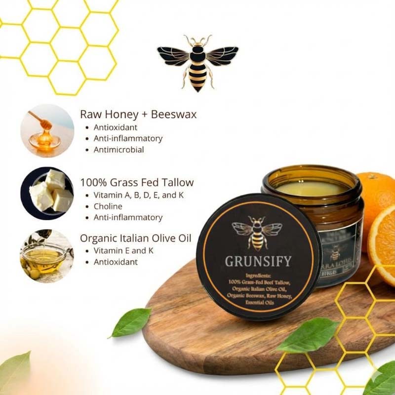 Grunsify™ tallow cream – relieves dark spots, acne scars, dryness, and has anti-aging effects.