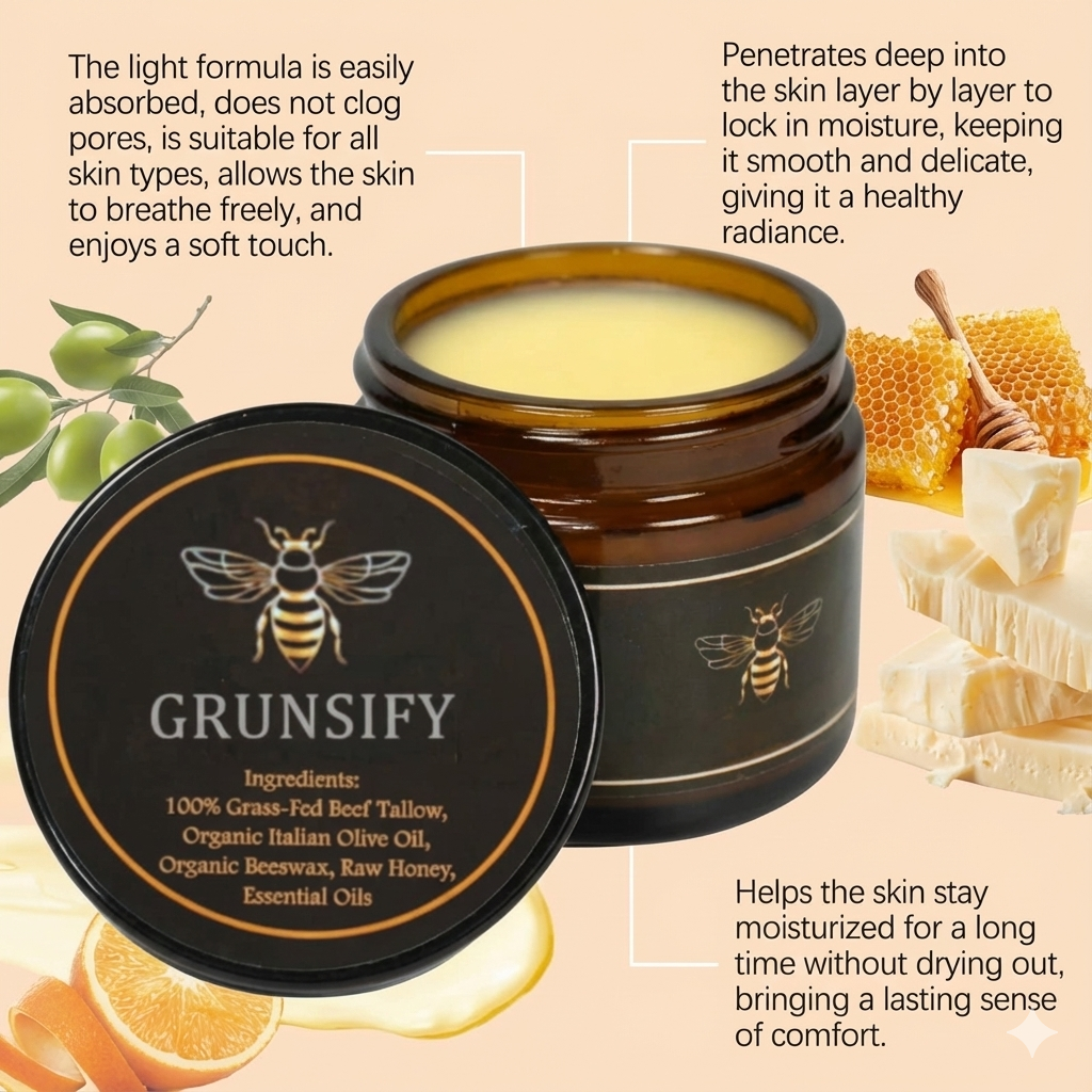Grunsify™ tallow cream – relieves dark spots, acne scars, dryness, and has anti-aging effects.